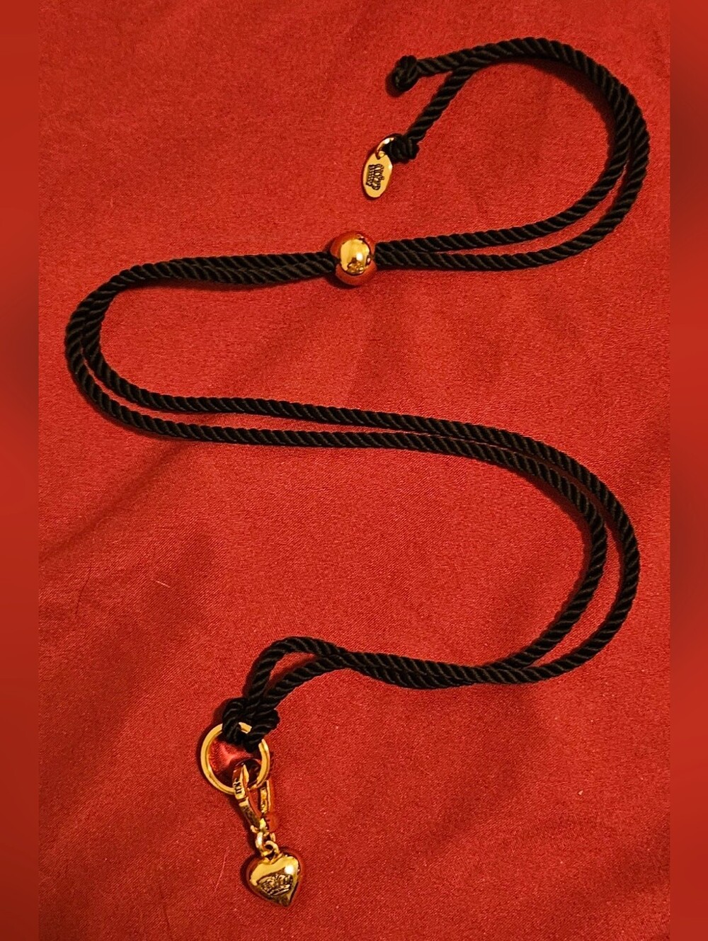 Juicy Couture Y2K Black Rope Gold Puffy Heart Crown Charm Slider Necklace 19"